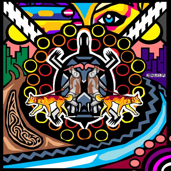 'We Will Survive', 2015, by Josh Muir: a kaleidoscopic image including depictions of men leading dogs, city skylines and a large blue eye watching the sky